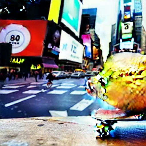 Image similar to a cool lemon riding a skateboard in times square new york