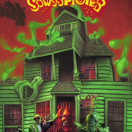 Image similar to goosebumps cover art of a haunted house house spilling with green ooze. highly detailed illustration. strong shadows. pulp horror art