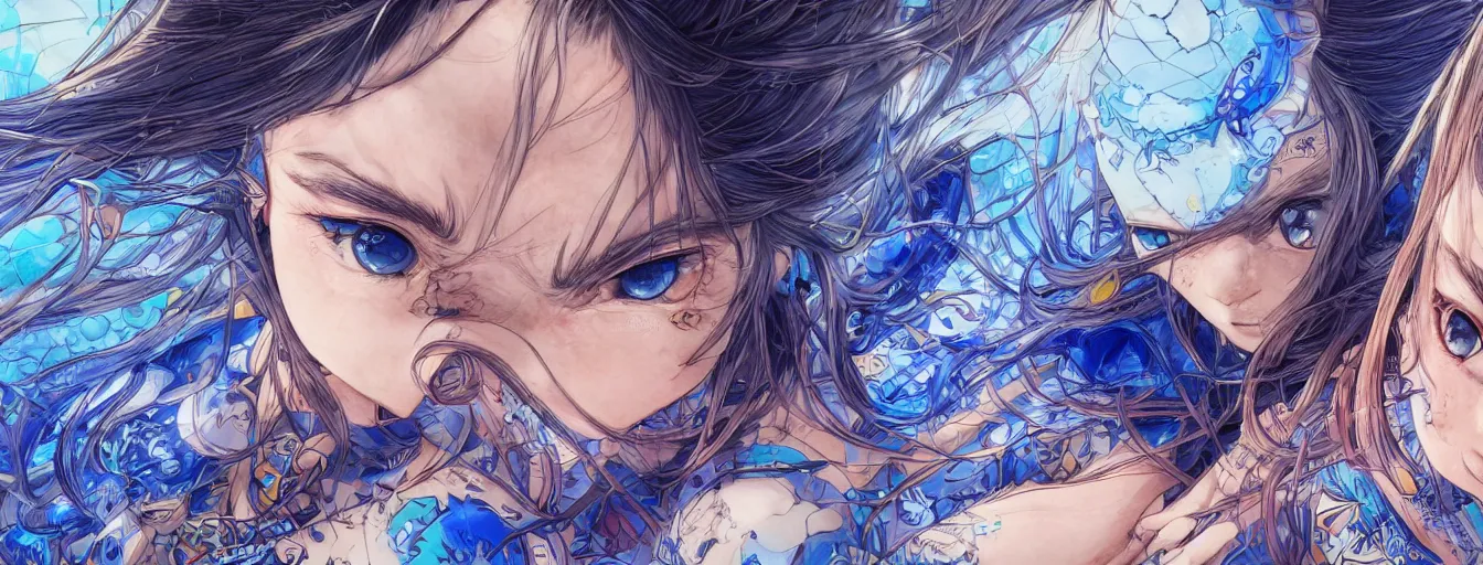 Prompt: close up of two beautiful, dreamy, symmetrical, wistful, blue eyes, determined, courageous, filled with holy anger. hyperrealistic anime background illustration by kim jung gi, colorful, extremely detailed intricate linework, smooth, super sharp focus, bright colors, high contrast, matte, octopath traveler, unreal engine 5 highly rendered, global illumination, radiant light