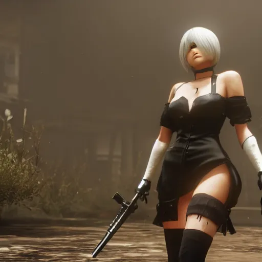 Image similar to Film still of 2B Nier Automata, from Red Dead Redemption 2 (2018 video game), artstation, artstationHD, artstationHQ