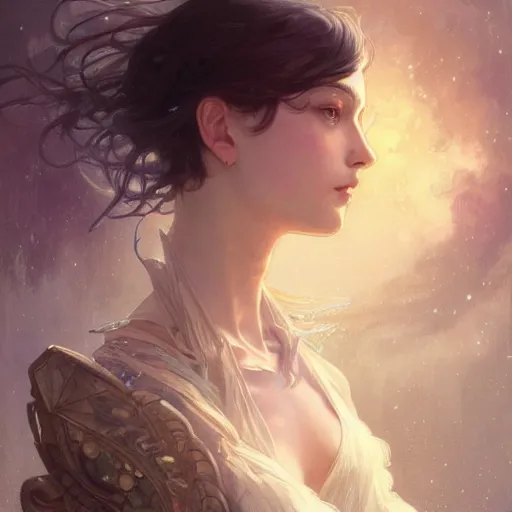 Image similar to the way is the harmony of the universe, fantasy, fantasy magic, undercut hairstyle, dark light night, intricate, elegant, sharp focus, illustration, highly detailed, digital painting, concept art, matte, art by wlop and artgerm and greg rutkowski and alphonse mucha, masterpiece