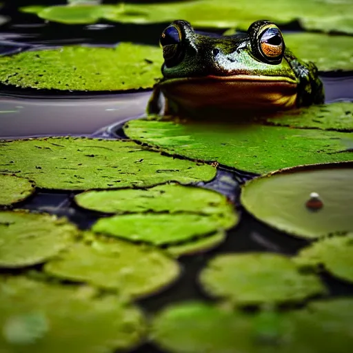 Image similar to dark clouds, close - up of a alien space frog in the pond with water lilies, shallow depth of field, highly detailed, autumn, rain, bad weather, ominous, digital art, masterpiece, matte painting, sharp focus, matte painting, by isaac levitan, asher brown durand,