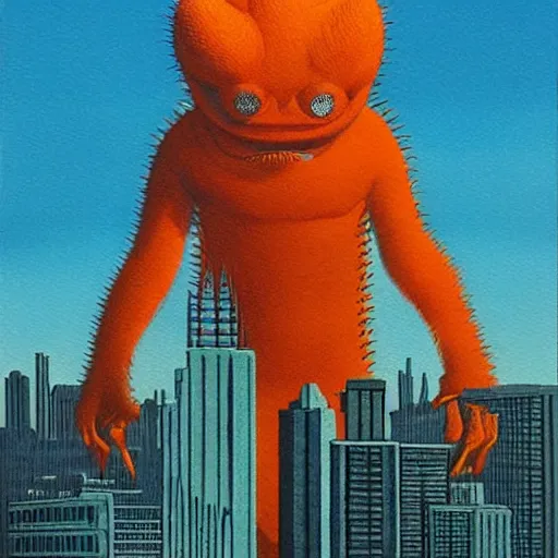 Prompt: funereal, lush by quint buchholz, by guido crepax. a beautiful painting of a large, orange monster looming over a cityscape. the monster has several eyes & mouths, & its body is covered in spikes. it seems to be coming towards the viewer, who is looking up at it in fear.