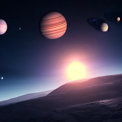 Prompt: landscape photo of a multiple planets in the sky, highly detailed, 4k, HDR, award-winning, octane render, artstation
