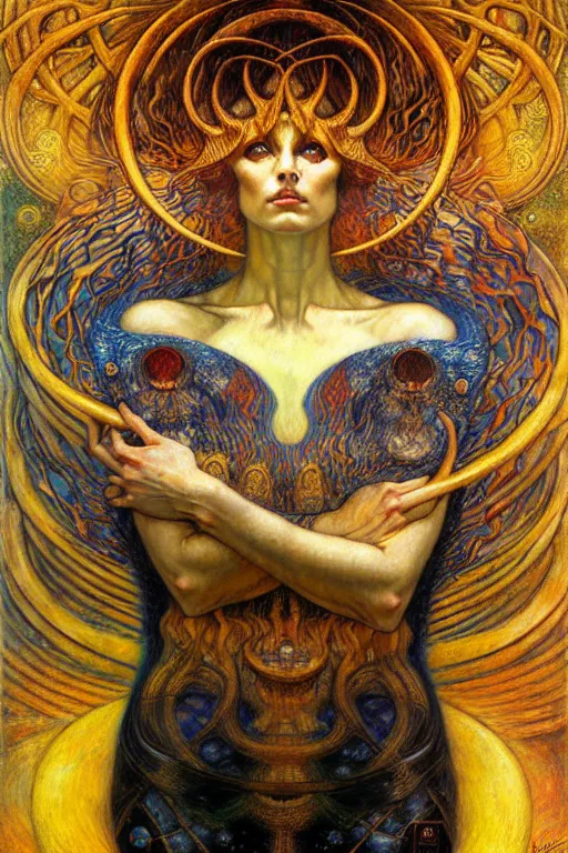 Image similar to Divine Chaos Engine by Karol Bak, Jean Delville, William Blake, Gustav Klimt, and Vincent Van Gogh, symbolist, visionary