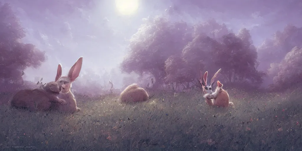 Prompt: a bunch of cute rabbit, clear skies, marc simonetti and caspar david friedrich, trending on artstation