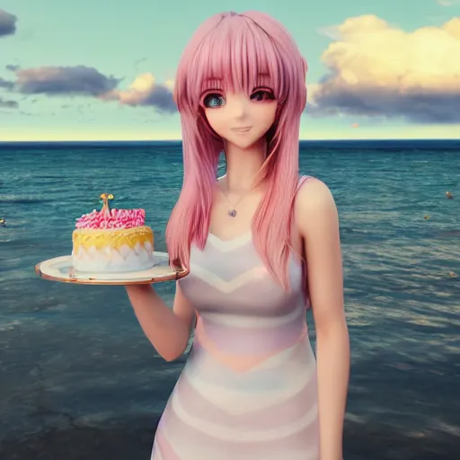 Image similar to Render of a beautiful 3d anime woman holding a birthday cake to show the camera, long light pink hair, full bangs, hazel eyes, cute freckles, full round face, smug smile, Chinese heritage, cute checkerboard sundress, golden hour, serene beach setting, medium shot, mid-shot, hyperdetailed, trending on Artstation, Unreal Engine 4k