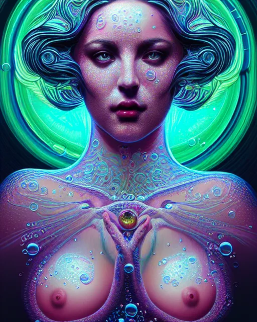 Image similar to beautiful realistic intricately detailed full frontal pose portrait of a sensual young dream goddess of the lucid realm, intricate halo of bubbles, droplets, neon swirls, tabs of lsd, solar flares, stardust, art by kilian eng, artgerm, greg rutkowski and h. r. giger, gothic, neo - gothic, ornamental, beautiful vivid colors