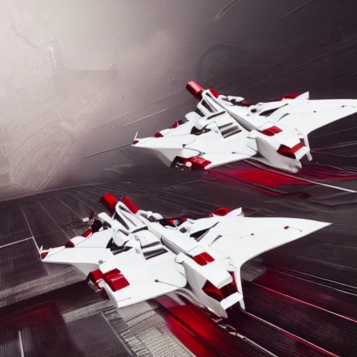 Prompt: two sleek white long intricate spacecraft with red details, no wings, highly detailed, photorealistic, cinematic, sci-fi, octane render