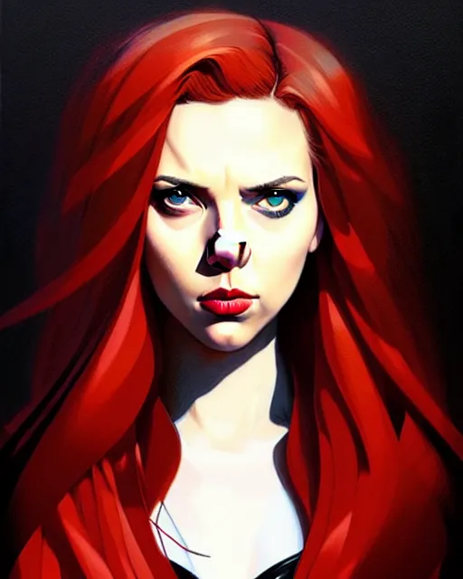 Image similar to peter mohrbacher, phil noto, artgerm, pretty scarlett johansson black widow, symmetrical eyes, long red hair