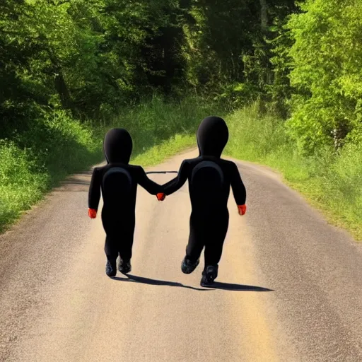 Prompt: a photo of two small humanoid aliens wearing tight black jumpsuits walking in a country road, creepy, highly realistic, summer day