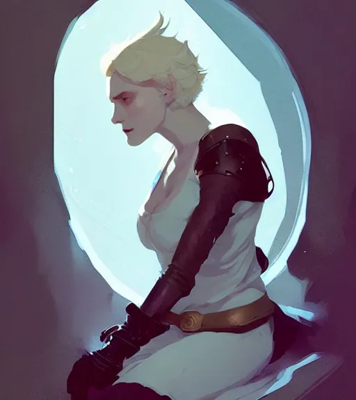 Prompt: portrait of cullen from dragon age with a beautiful woman by atey ghailan, by greg rutkowski, by greg tocchini, by james gilleard, by joe fenton, by kaethe butcher, dynamic lighting, gradient light blue, brown, blonde cream and white color scheme, grunge aesthetic