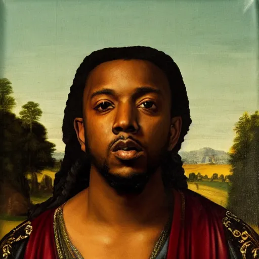 Image similar to a renaissance style portrait painting of kendrick lamar