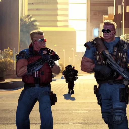 Prompt: [UHD candid photo of Duke Nukem on the streets of dystopian Las Vegas, correct face, accurate details, graphic detail, sharp focus by Annie Leibowitz]