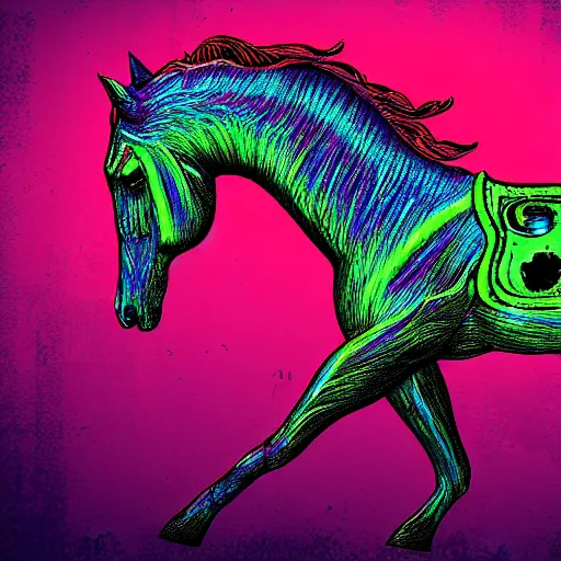 Image similar to digital horse, retrowave palette, highly detailed, anatomically correct equine, synth feel, digital art