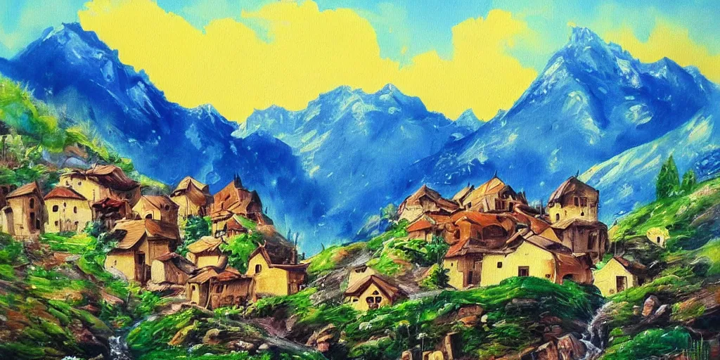 Prompt: very very very beautiful painting of a village between mountains