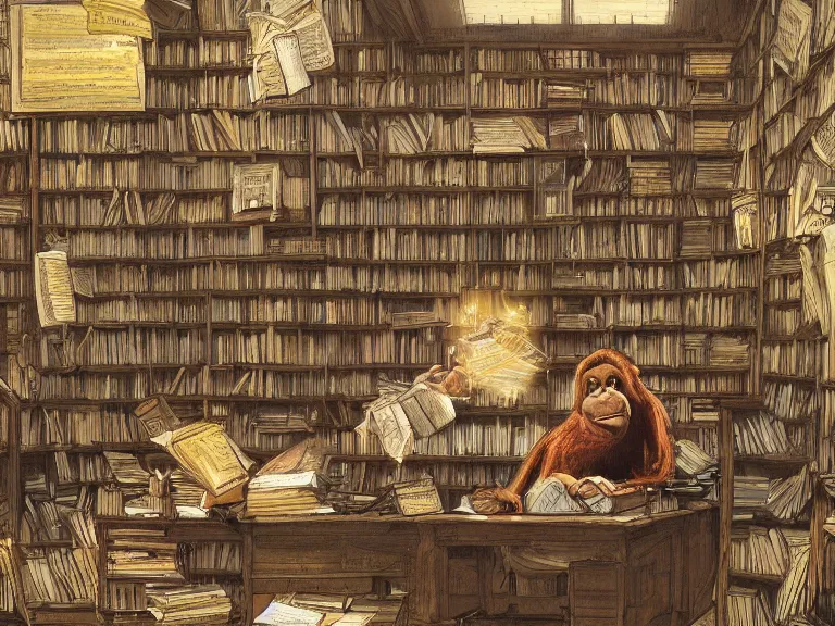 Prompt: long shot, wide angle view, orangutan known as the librarian sitting on a desk, reading a book in a library, books flying everywhere, victorian bookshelves from the unseen university, epic, master, illustration, concept art, 4 k