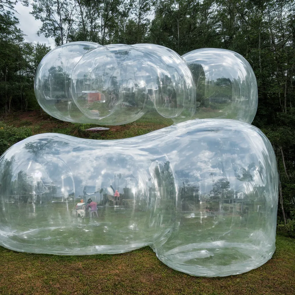 Image similar to an inflatable house made of clear plastic sheeting. The house is made of 8 inflated bubbles. The inflated house sits in a lake on the edge of a forest. A family is living inside the bubble house and it is furnished with contemporary furniture and art. ultra wide shot, coronarender, 8k, photorealistic