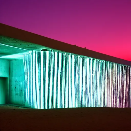 Image similar to concrete structure in the desert at night, neon lights, minimalist architecture, james turrel,