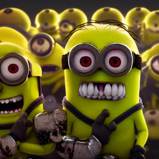 Image similar to demented, creepy, disturbing, evil possessed monster minions starting into camera, octane render, blender render, 8k, scary, terrifying,