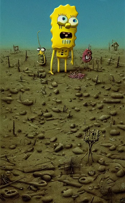 Image similar to spongebob squarepants in style of zdzisław beksinski, standing in wasteland, horror art, creepy, desolate, spongebob, spongebob, spongebob, spongebob