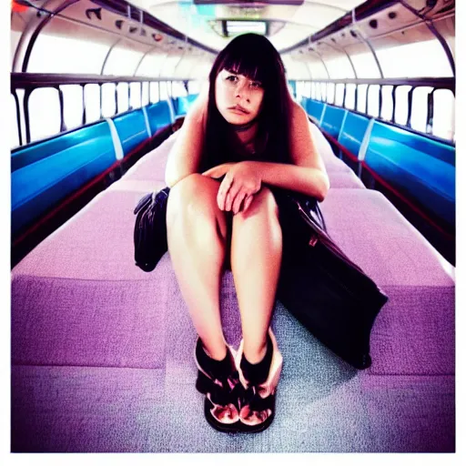 Image similar to a young women, broken hearted, on a greyhound bus to find out where her love has been, nighttime, retrowave