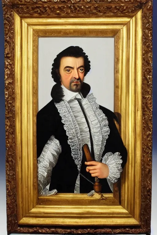 Prompt: a 1 6 0 0 s framed portrait painting of joe mantegna holding a large telephone, intricate, elegant, highly detailed