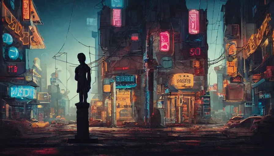 Image similar to a small weathered ancient greek sculpture standing in a square, surrounded by cyberpunk city, neon sign, bladerunner, digital illustration, artstation, cinematic composition