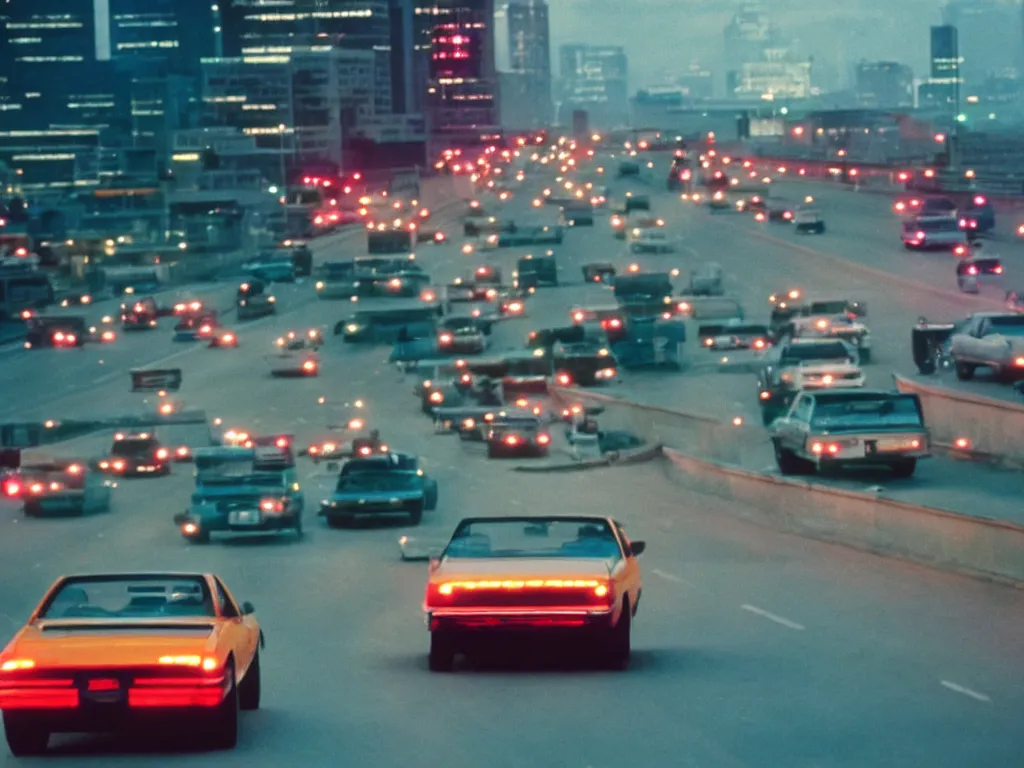 Image similar to 8 0 s neon movie still, high speed car chase on the highway with city in background, medium format color photography, 8 k resolution, movie directed by kar wai wong, hyperrealistic, photorealistic, high definition, highly detailed, tehnicolor, anamorphic lens, award - winning photography, masterpiece