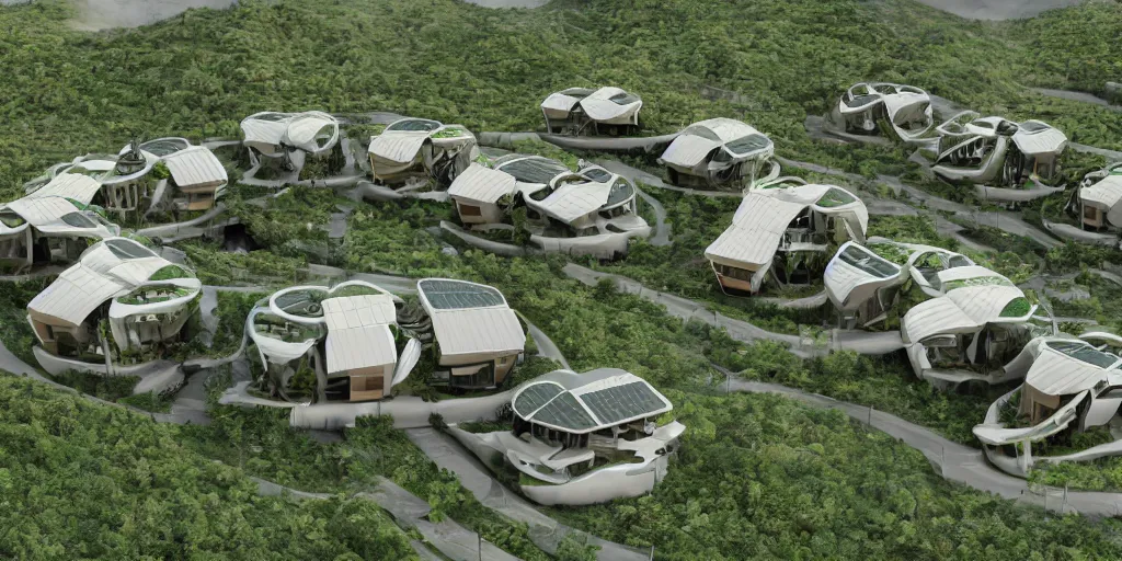 Image similar to futuristic eco-village with high diversified houses, solarpanels and integrated in nature, opposite of urban sprawl, forte gimenes marcondes ferryz arquitetos detailed, octane render, photo realism, 3D, ray tracing, photo realism