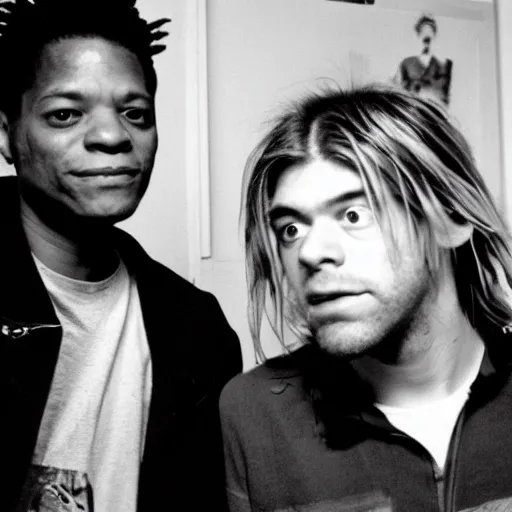 Image similar to portrait photo of jean - michel basquiat and kurt cobain in basquiat ’ s studio, photorealistic,