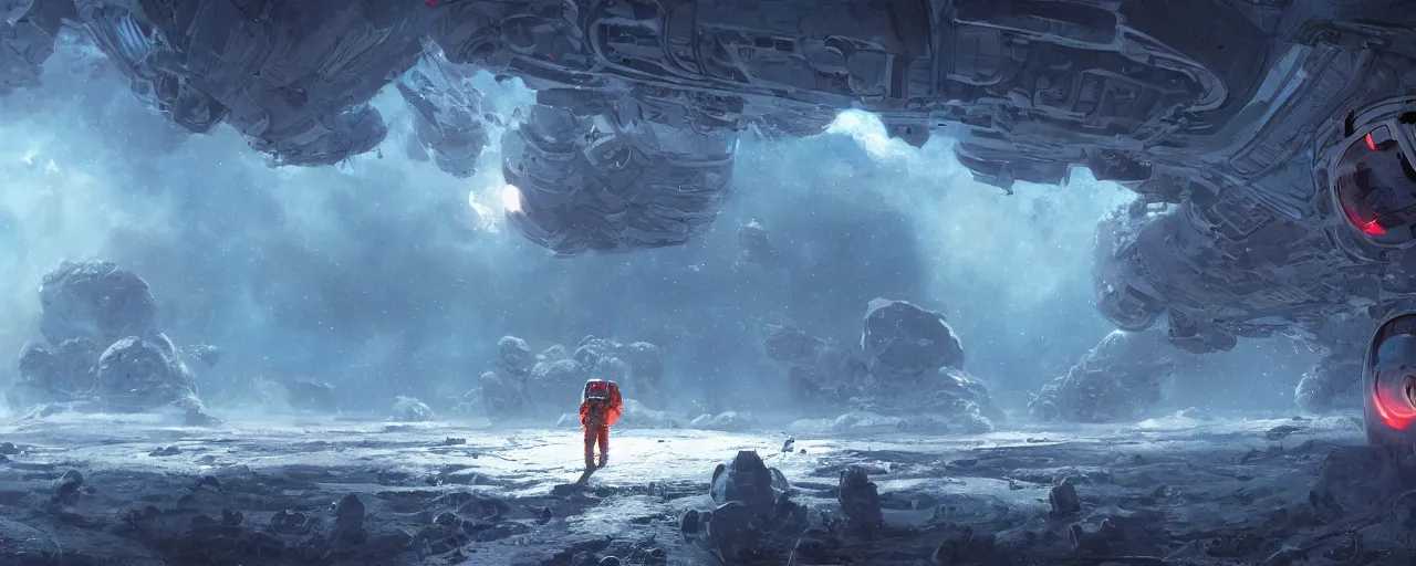 Image similar to lone astronaut exploring outer digital cybernetic planet covered with ice, art by paul lehr, cinematic, detailed, epic, widescreen, opening, establishing, matte painting, photorealistic, realistic textures, octane render