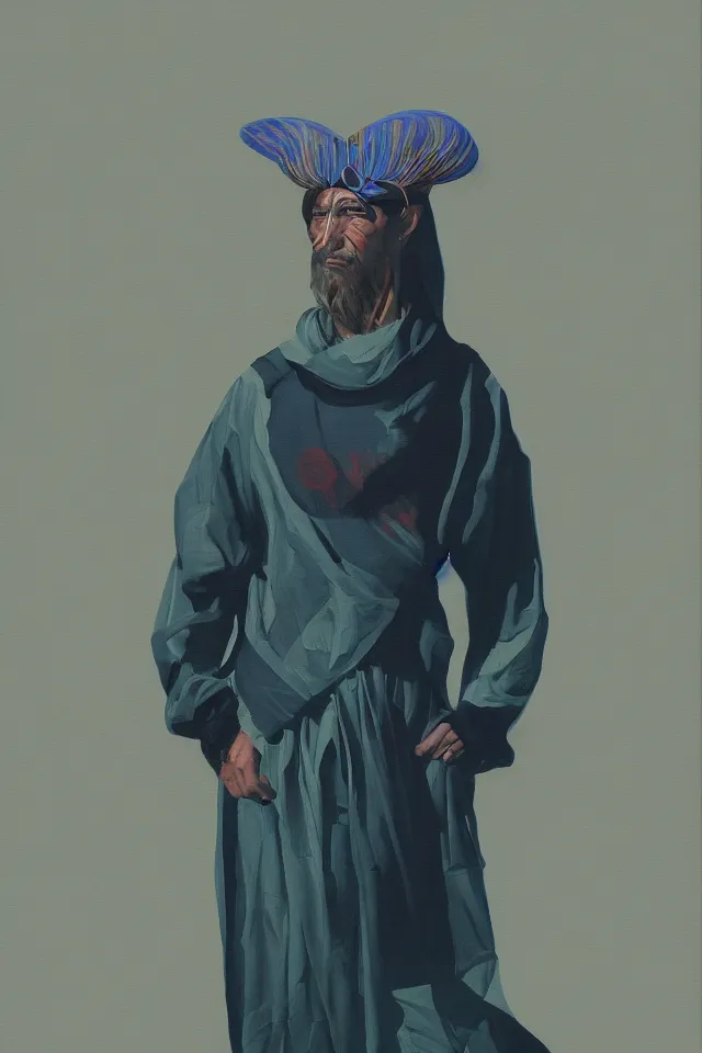 Prompt: sfumato renaissance oil painting of a modern shaman, modern minimal isei miyake outfit, in the style of syd mead, jeremy cowart, concept art