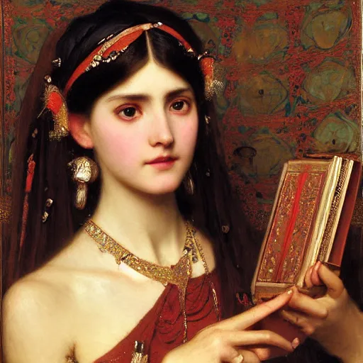 Prompt: orientalist portrait of a princess holding an iridescent ancient book intricate portrait by john william waterhouse and Edwin Longsden Long and Theodore Ralli and Henryk Siemiradzki, very coherent symmetrical artwork. Cinematic, hyper realism, high detail 8k
