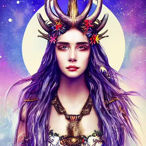 Prompt: highly detailed full body portrait of Artemis, goddess of the hunt and the moon, wearing a crown made of antlers, cinematic lightning, bright colors, intricate, masterpiece, photorealistic, hiperrealistic, sharp focus, high contrast, Artstation HQ, DeviantArt trending, 4k UHD, Unreal Engine 5