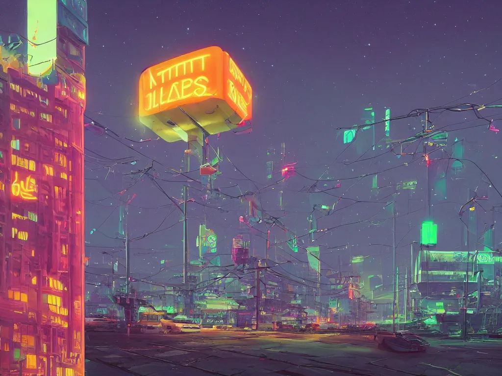 Image similar to tall futuristic buildings, billboards and neonsigns by night, stars and plantes by Yusei Uesugi and Simon Stålenhag