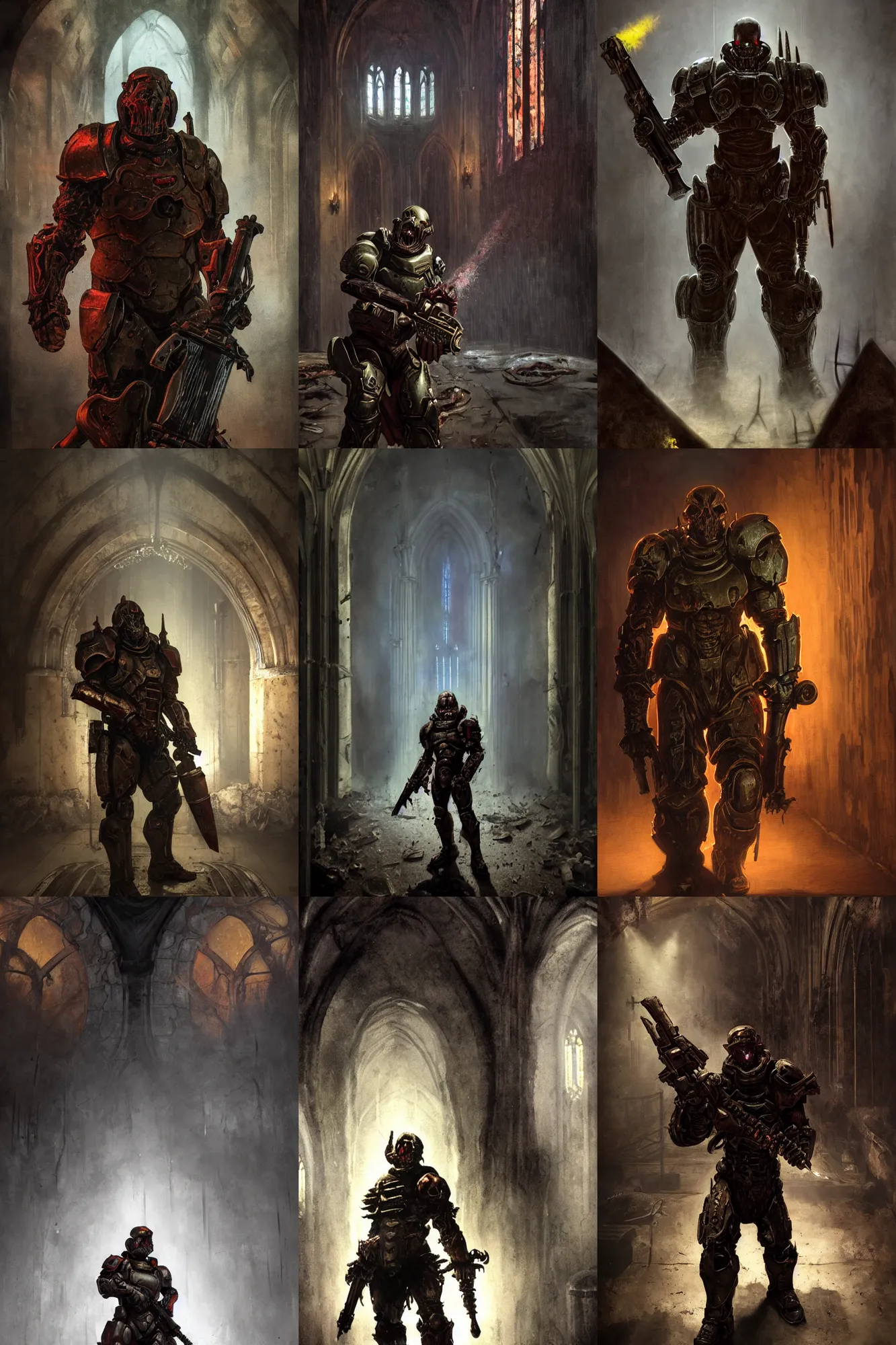Prompt: character portrait of the doomslayer from doom 2 0 1 6 in a gothic church, rusty metal walls, broken pipes, dark colors, muted colors, tense atmosphere, mist floats in the air, amazing value control, muted colors, moody colors, dramatic lighting, john singer sargent, in the style of frank frazetta