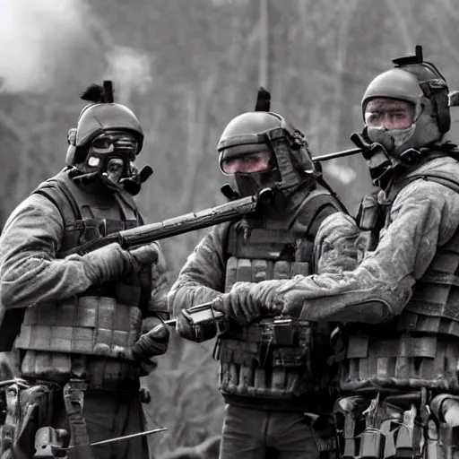 Prompt: British mercenaries wearing grey body armor smoking cigarettes in the aftermath of a bloody battle, photo by Adam Ferguson, Pulitzer Winning, cinematic composition, breathtaking, modern, 2022