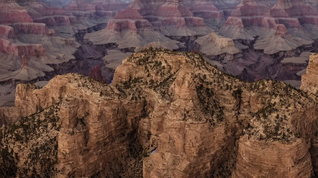 Prompt: an atmospheric screenshot of a film by denis villeneuve featuring a dark gothic cathedral carved out of rock at the top of the grand canyon