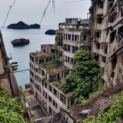 Prompt: View through the streets and upwards of Hashima gradually returning to nature