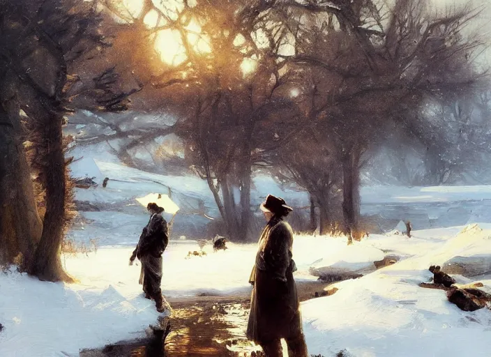 Image similar to oil painting, snow blizzard, high detailed art by dennis miller bunker, work by anders zorn, wonderful masterpiece by greg rutkowski, beautiful cinematic light, american romanticism by greg manchess, creation by tyler edlin