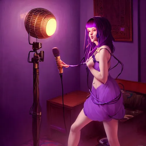 Image similar to stunningly beautiful purple haired female at home studio singing karaoke late at night, very detailed, 4 k, concept art like ernest khalimov, intricate details, highly detailed by greg rutkowski, ilya kuvshinov, gaston bussiere, craig mullins, simon bisley, backlit