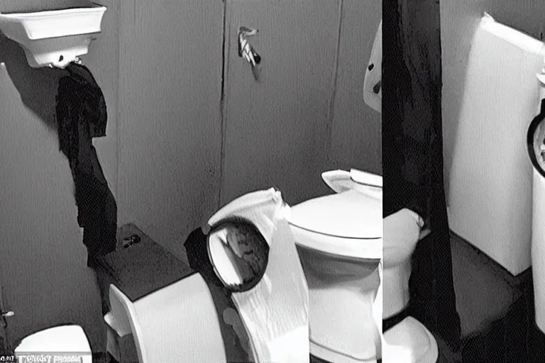 Image similar to black and white security camera footage of Trump putting papers in a toilet, grainy, distorted, blurry