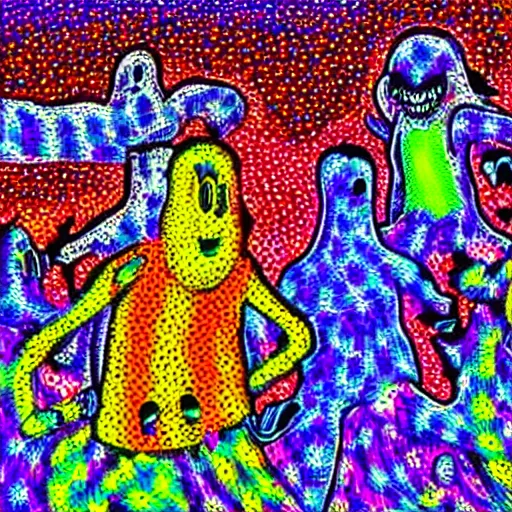 Prompt: ghosts having a fun night on the town, psychedelic colors, in a pointilliste style