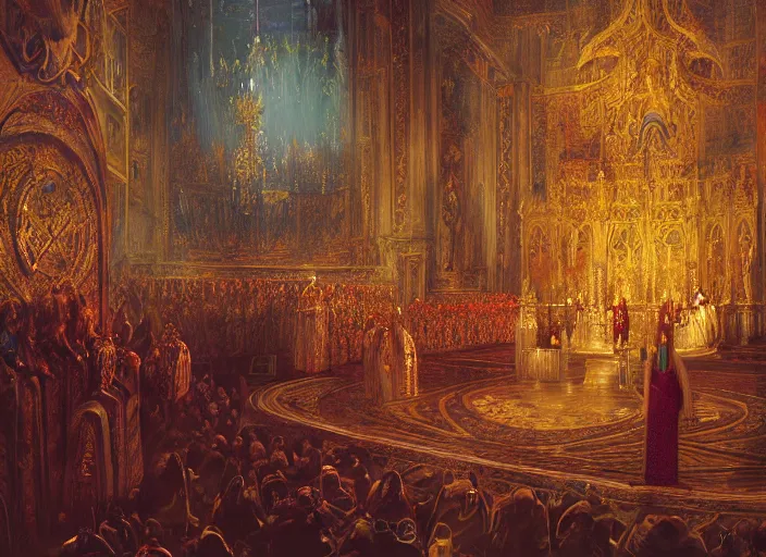 Prompt: worship of the pope, royal robe, gold trim, demons, mysticism, light effect, hyper detailed, intricate, atmospheric, elegant, photorealistic by paul lehr, hyper - real