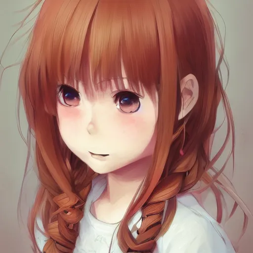 Prompt: An anime portrait of a smiling girl with long straight red-blonde hair, brown eyes, wearing a shirt, young child, by Stanley Artgerm Lau, WLOP, Rossdraws, James Jean, Andrei Riabovitchev, Marc Simonetti, and Sakimi chan, trending on artstation