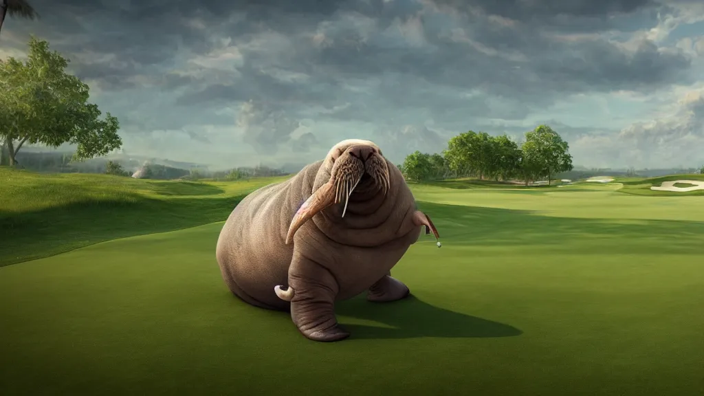 Image similar to a walrus on a golf course, fantasy artwork, hd, hdr, ue 5, ue 6, unreal engine 5, cinematic 4 k wallpaper, 8 k, ultra detailed, high resolution, artstation, award winning