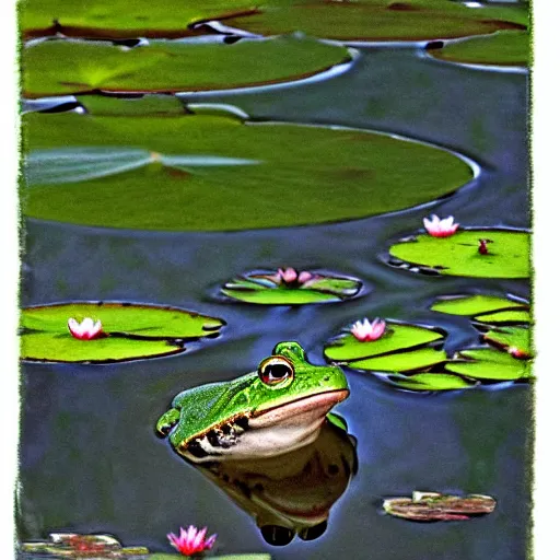 Image similar to close - up of a frog wearing a small crown, in the pond with water lilies, shallow depth of field, highly detailed, autumn, rain, bad weather, ominous, digital art, masterpiece, matte painting, sharp focus, matte painting, by isaac levitan, by monet, asher brown durand,