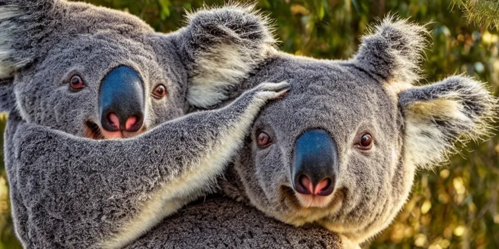 Prompt: A photo of a large koala with 3 heads, 4K, realistic, golden hour