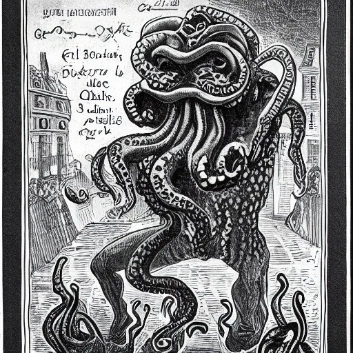 Prompt: parisian caricature of cthulhu